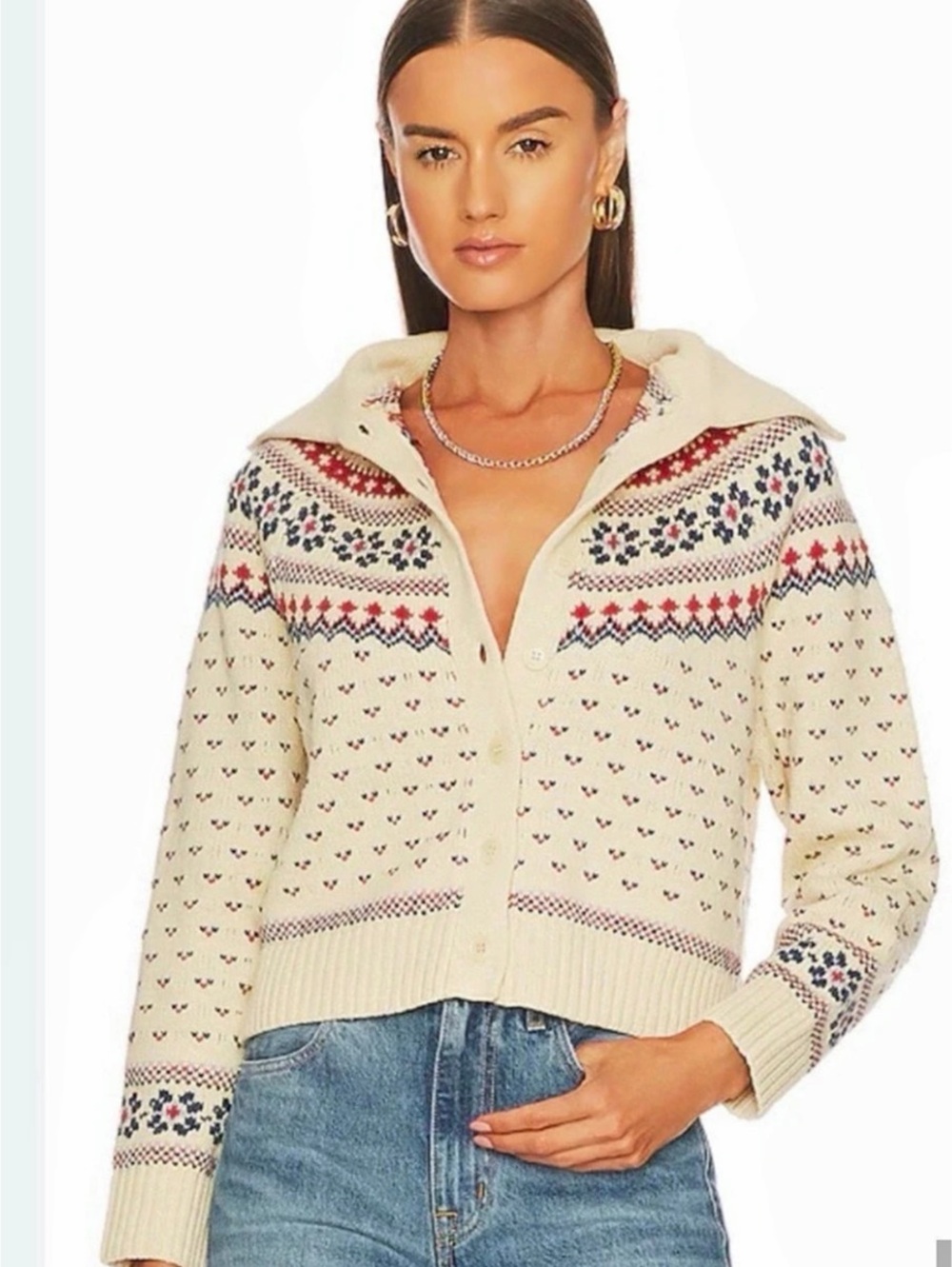 The Great. Fair Isle Cropped Cardigan in Cream - Picture 2 of 12